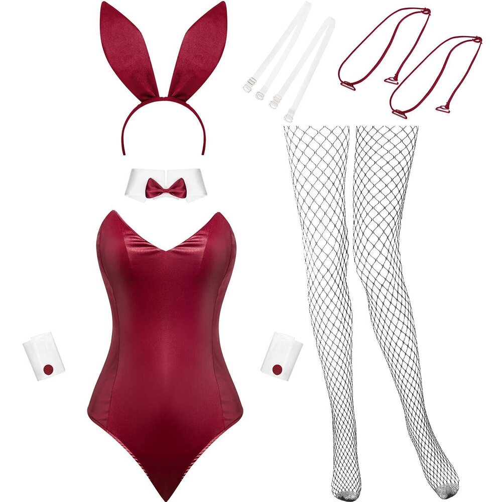 2002 Bunny Costume Set: Bodysuit Headband Collar Cuffs Tail Stockings
